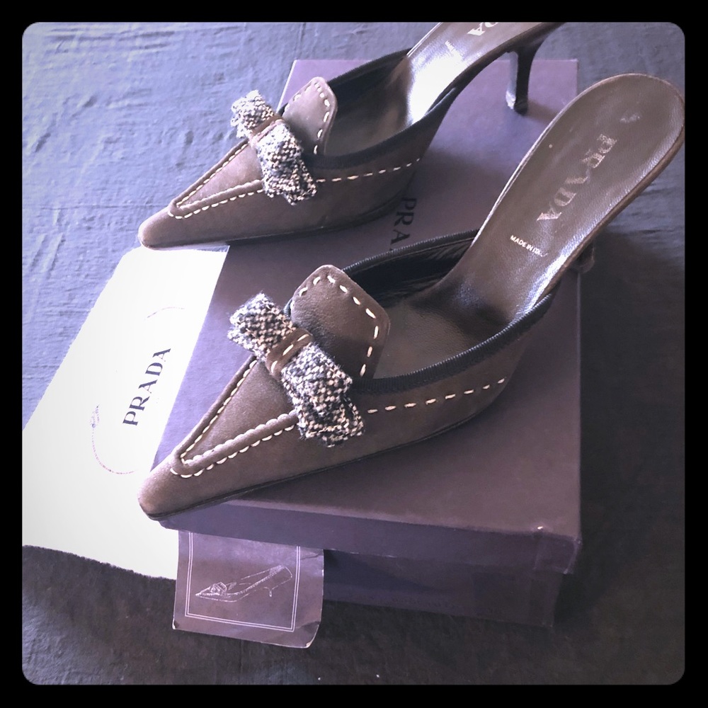 PRADA brown leather mules with tweed bow accent